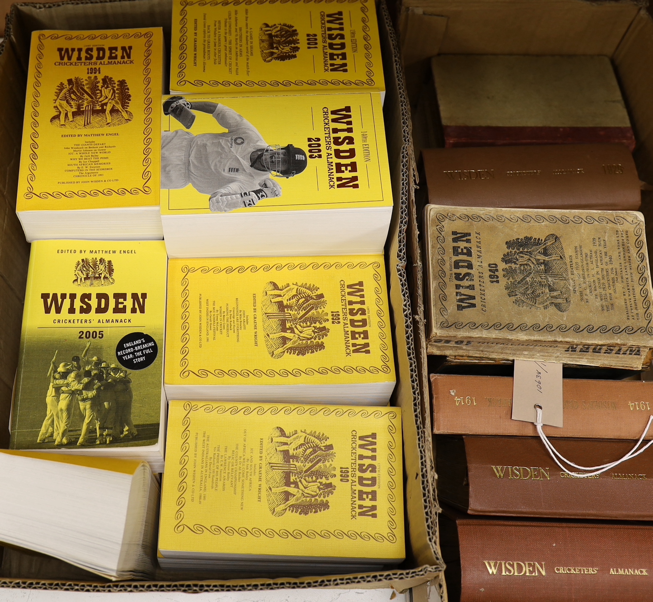 Wisden's Cricketers Almanack, some earlier volumes and a long post-war run, comprises: 1947-2005 (59 vols., limp cloth and cloth with d/wrapper bindings); and the following earlier years - 1911, 1912, 1914, 1920, 1924, 1